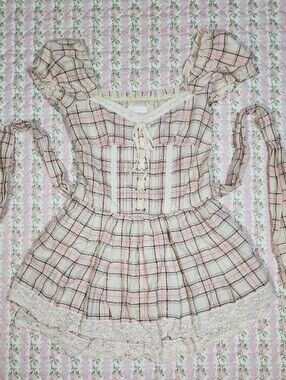 LIZ LISA 🎀 Pink Plaid Lace-Trim Puff Sleeve Mini Dress